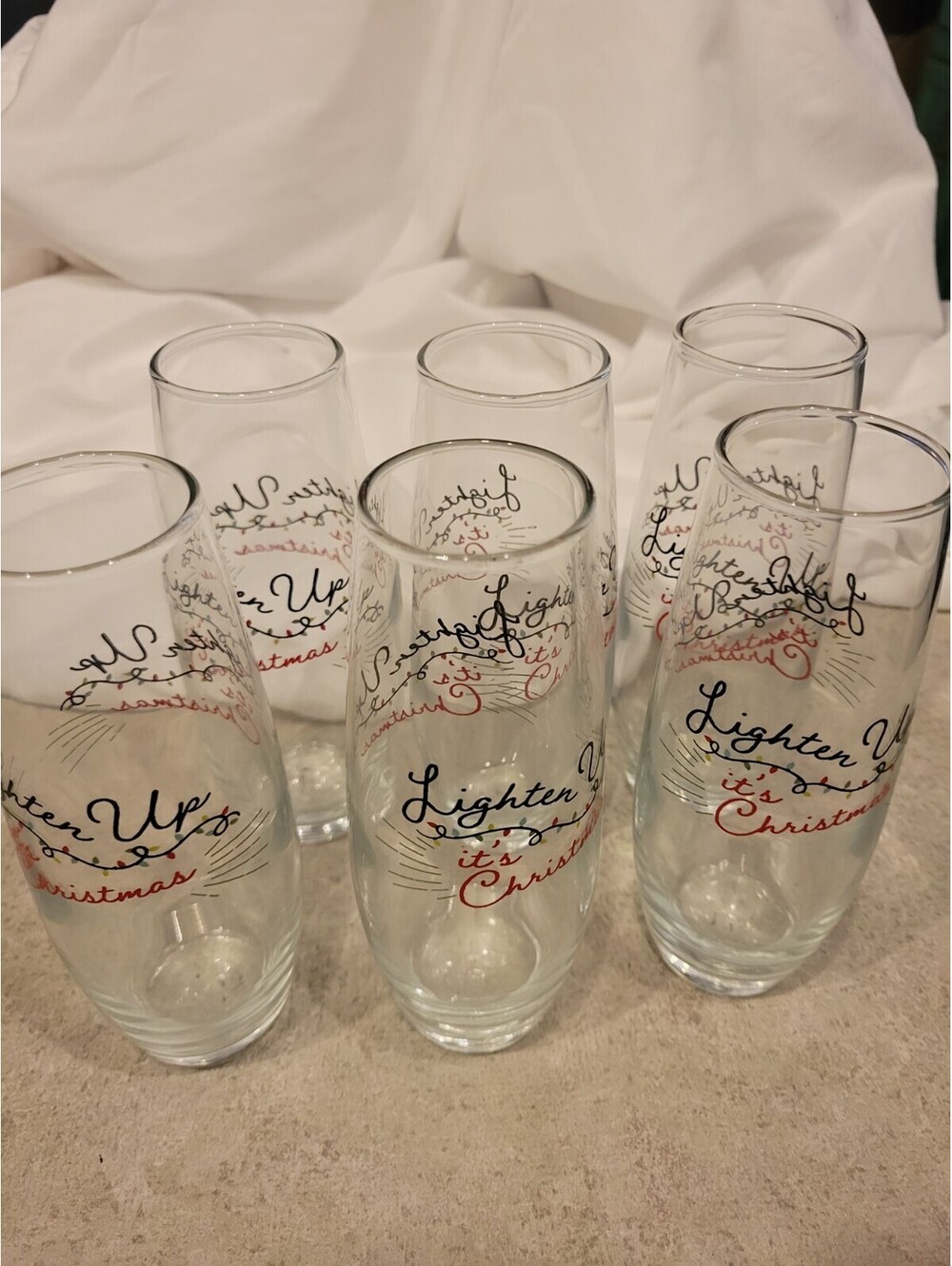 Set of 6 Royal Norfolk Stemless Champagne Flutes "Lighten Up It’s Christmas"